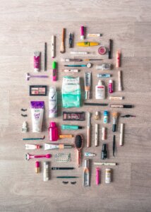 makeup products on floor