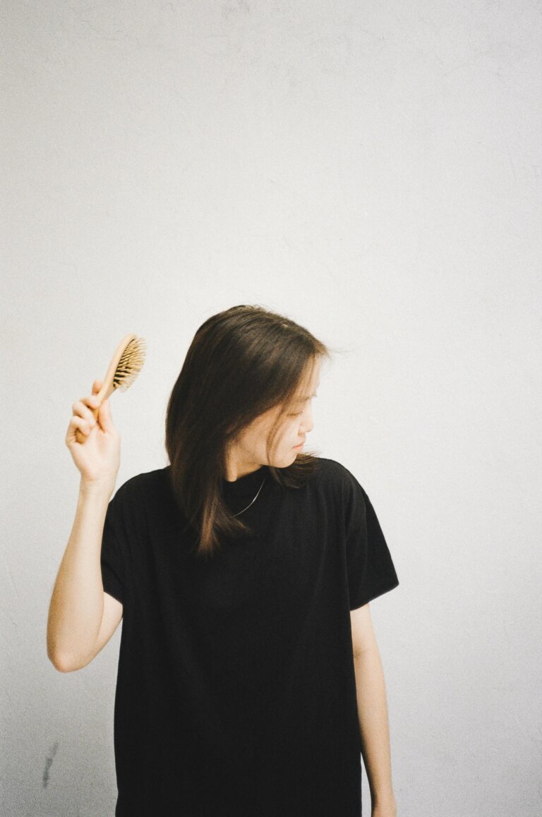 woman, brushing, hair