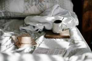 bed, book, mug
